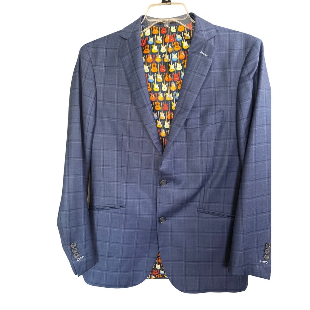 J.Hilburn Blue Guitar Lined‎ Wool Blazer 42 2-Buttoned
 Novelty Tailored Fit